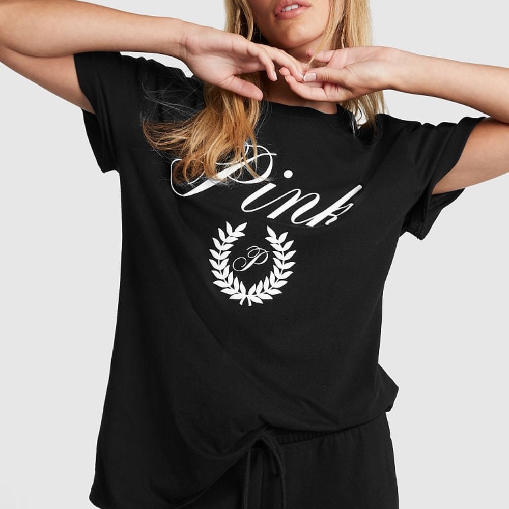 Victoria's Secret PINK Oversized Short Sleeve Campus T-Shirt Black Logo L NEW